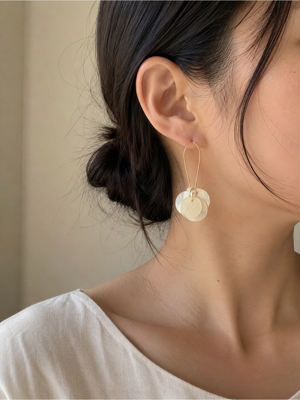 NWOT Gold Drop Boho Earrings with White Shell Discs